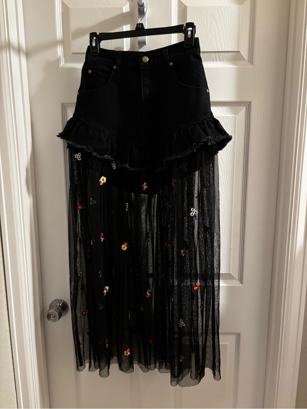 Onespo Black Jean and Mesh Maxi Skirt with flower embroidery